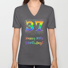 [ Thumbnail: 37th Birthday - Fun Rainbow Spectrum Gradient Pattern Text, Bursting Fireworks Inspired Background V Neck T Shirt V-Neck T-Shirt ]