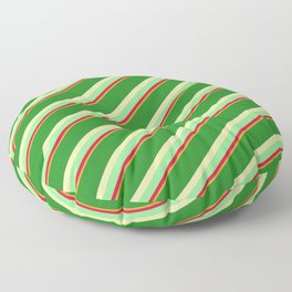[ Thumbnail: Forest Green, Pale Goldenrod, Light Green, Crimson, and Goldenrod Colored Pattern of Stripes Floor Pillow ]