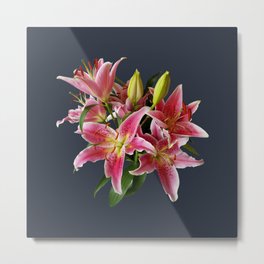Stargazer Lilies on Dark Blue Square Metal Print | Tiger Lily, Pink, Floral, Oriental Lily, Photo, Plants, Contemporary, Color, Nature, Lily 