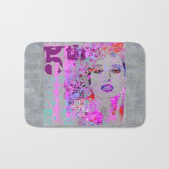 Flower Girl mixed media art grey pink Bath Mat
