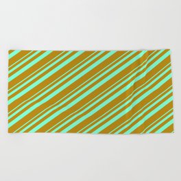 [ Thumbnail: Aquamarine & Dark Goldenrod Colored Lined/Striped Pattern Beach Towel ]