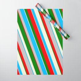 [ Thumbnail: Colorful Deep Sky Blue, Grey, Red, Green, and Beige Colored Lined/Striped Pattern Wrapping Paper ]