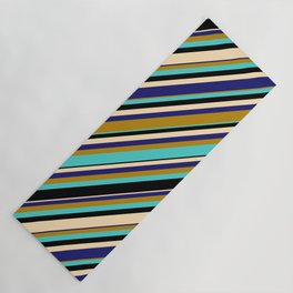 [ Thumbnail: Vibrant Dark Goldenrod, Turquoise, Black, Beige & Midnight Blue Colored Lines Pattern Yoga Mat ]