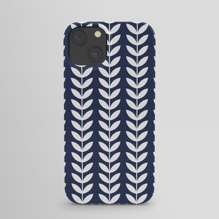 Navy Blue and White Scandinavian leaves pattern iPhone Case