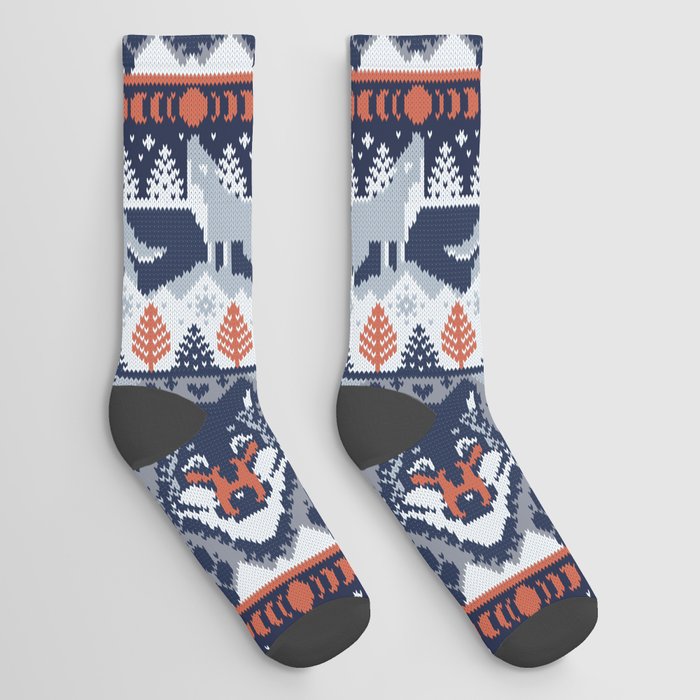 Fair isle knitting grey wolf // navy blue and grey wolves orange moons and pine trees Socks