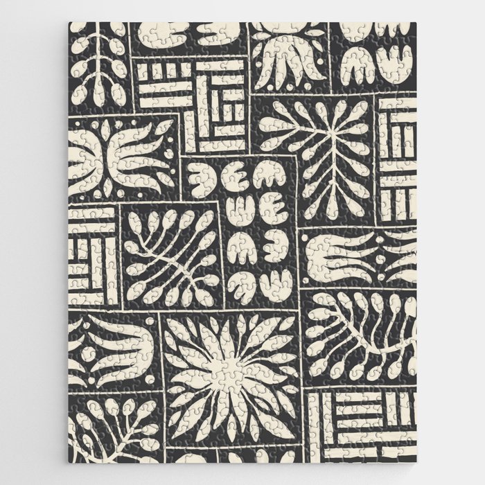 Stylized Floral Patchwork in Off White and Spade Black | Hand Drawn Pattern Jigsaw Puzzle