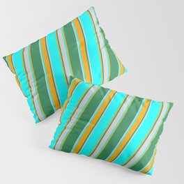 [ Thumbnail: Cyan, Orange, Sea Green, and Light Grey Colored Lined Pattern Pillow Sham ]