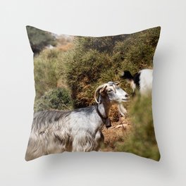 Greek Goat on the Hill | Green Animal Photograph | Cute & Fuzzy Mountain Goat | Travel Photography in Greece Throw Pillow