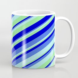 [ Thumbnail: Turquoise, Light Green, Blue, and Royal Blue Colored Stripes/Lines Pattern Coffee Mug ]