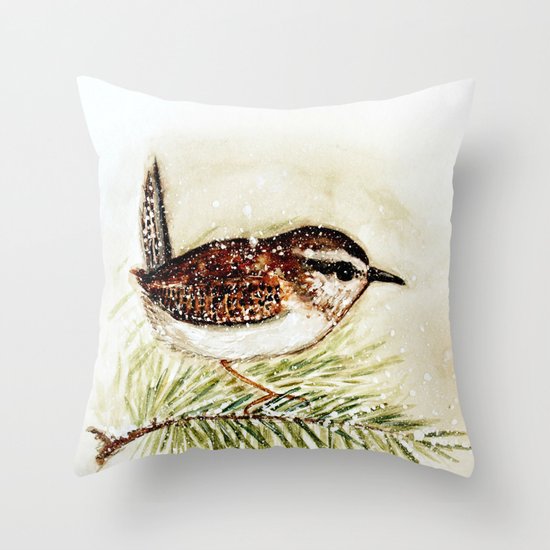 wren - watercolor Throw Pillow