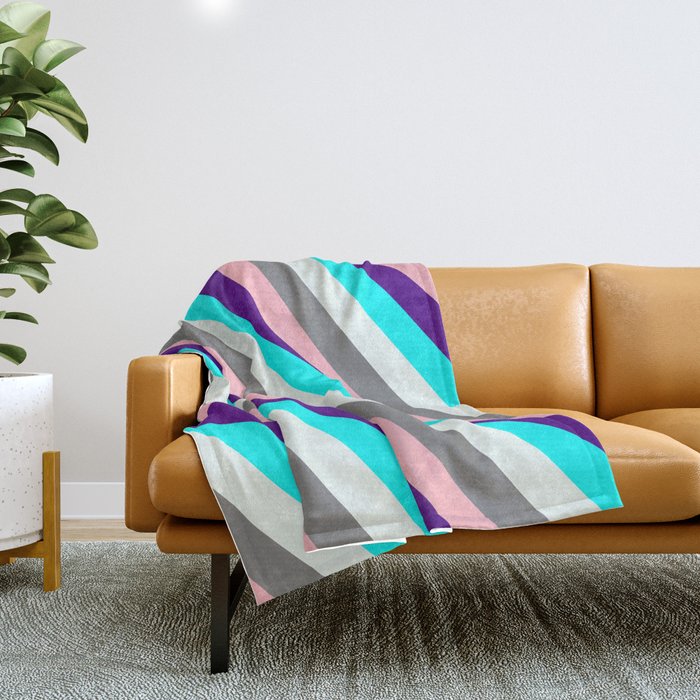 Colorful Indigo, Cyan, Mint Cream, Grey, and Light Pink Colored Lined/Striped Pattern Throw Blanket