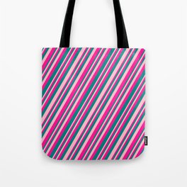 [ Thumbnail: Pink, Deep Pink, and Teal Colored Striped Pattern Tote Bag ]