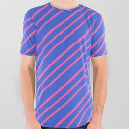 [ Thumbnail: Royal Blue & Hot Pink Colored Lines Pattern All Over Graphic Tee ]