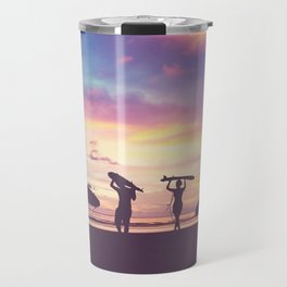 Silhouette Of surfer people carrying their surfboard on sunset beach, vintage filter effect with soft style Travel Mug