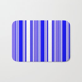 [ Thumbnail: Medium Slate Blue, White, and Blue Colored Lined/Striped Pattern Bath Mat ]