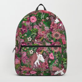 Unicorns in a Rose Colored Garden  Backpack | Mythicalcreature, Whimsical, Dreamy, Sunflowers, Pink, Unicorngarden, Leaves, Pinkflowers, Floral, Drawing 