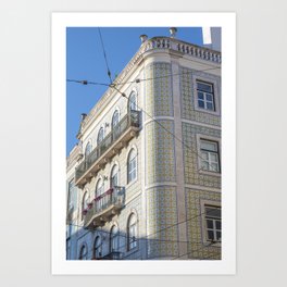 Round corner building in Lisbon, Portugal - green and yellow azulejos - summer street and travel photography Art Print