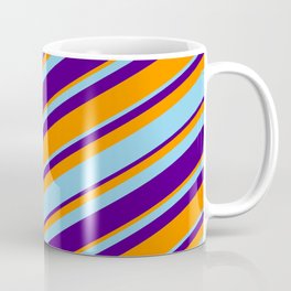 [ Thumbnail: Dark Orange, Sky Blue & Indigo Colored Lined Pattern Coffee Mug ]