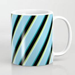 [ Thumbnail: Eye-catching Green, Light Cyan, Sky Blue, Teal & Black Colored Stripes/Lines Pattern Coffee Mug ]