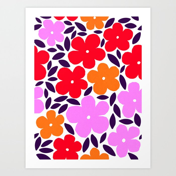 Happy flowers in Bloom Pattern 1. Red, Pink & Orange Art Print