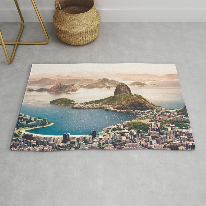 Rio de Janeiro, Brazil aerial view cityscape: Botafogo Bay, Sugarloaf, Ipanema, Copacabana Beach color landscape skyline photographic photography / photograph Rug