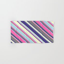 [ Thumbnail: Colorful Hot Pink, Gray, Dark Slate Blue, Light Yellow, and Light Blue Colored Stripes/Lines Pattern Hand & Bath Towel ]