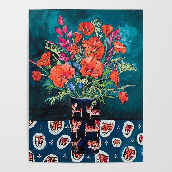 California Poppy and Wildflower Bouquet on Emerald with Tigers Still Life Painting Poster
