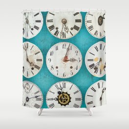 Pattern of different antique weathered clocks on a wall Shower Curtain