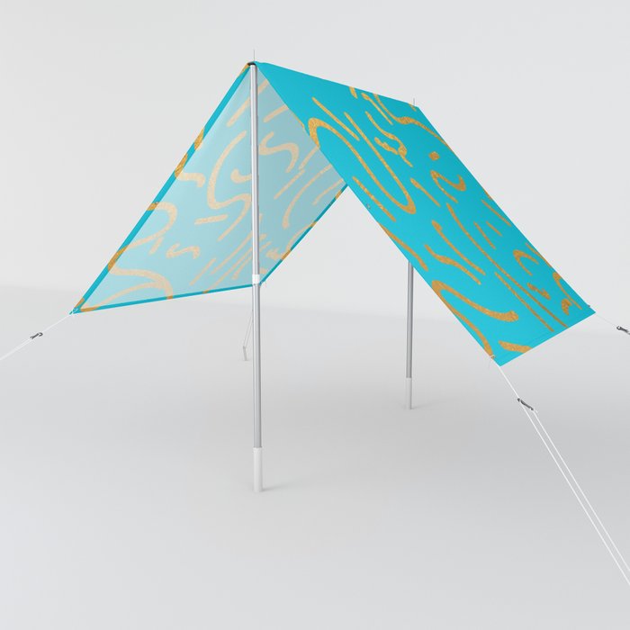 Cyan Gold colored abstract lines pattern Sun Shade