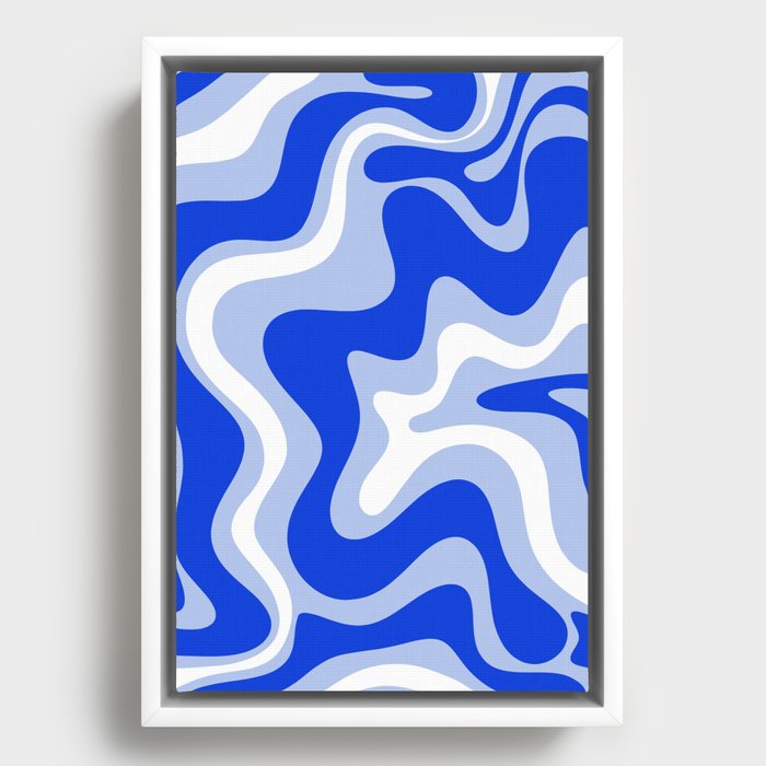 Retro Liquid Swirl Abstract Pattern Royal Blue, Light Blue, and White  Framed Canvas