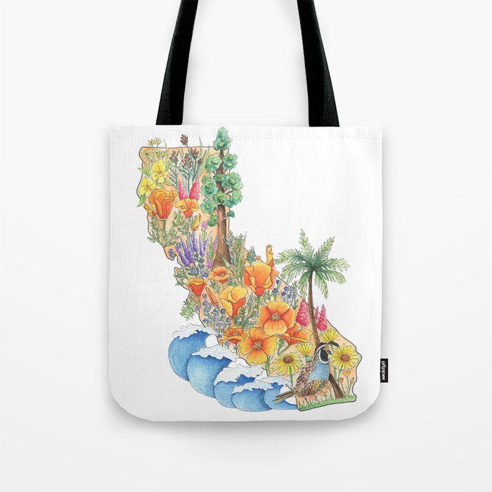 California - Floral Watercolor - State of California - West Coast Art - California Poppies - Ocean Tote Bag
