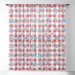Blue Roses All Over - red check Sheer Curtain