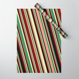 [ Thumbnail: Vibrant Pale Goldenrod, Sea Green, Dark Salmon, Maroon, and Black Colored Striped Pattern Wrapping Paper ]
