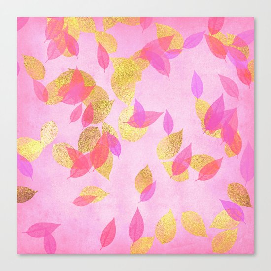 Autumn-world 5 - gold glitter leaves on pink background on #Society6 Canvas Print