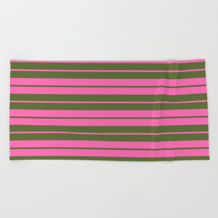 Hot Pink and Dark Olive Green Colored Lined Pattern Beach Towel