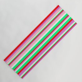 [ Thumbnail: Colorful Green, Red, Orchid, Pink, and White Colored Pattern of Stripes Yoga Mat ]