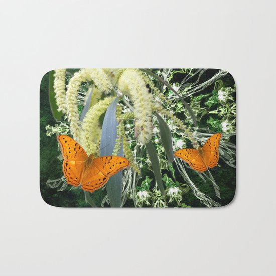 butterflies and wattle with green abstract bouquet Bath Mat