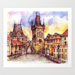 Prague ink & watercolor illustration Art Print