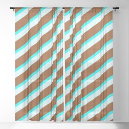 [ Thumbnail: Brown, Aqua & Light Cyan Colored Lined Pattern Sheer Curtain ]