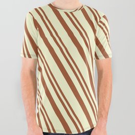 [ Thumbnail: Sienna & Light Yellow Colored Stripes Pattern All Over Graphic Tee ]