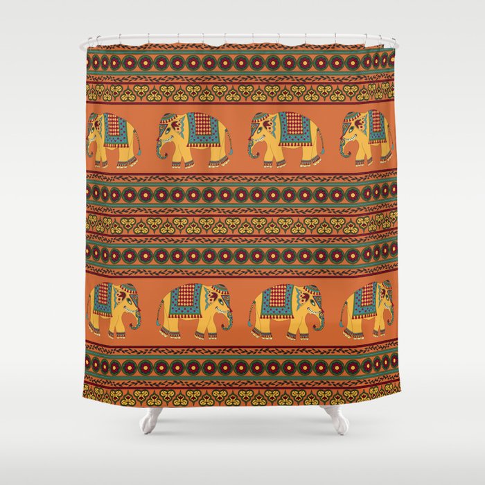 Indian traditional pattern with elephants on orange Shower Curtain