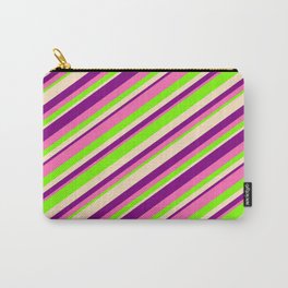 [ Thumbnail: Purple, Hot Pink, Green & Bisque Colored Lined Pattern Carry-All Pouch ]