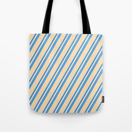 [ Thumbnail: Blue and Tan Colored Stripes Pattern Tote Bag ]