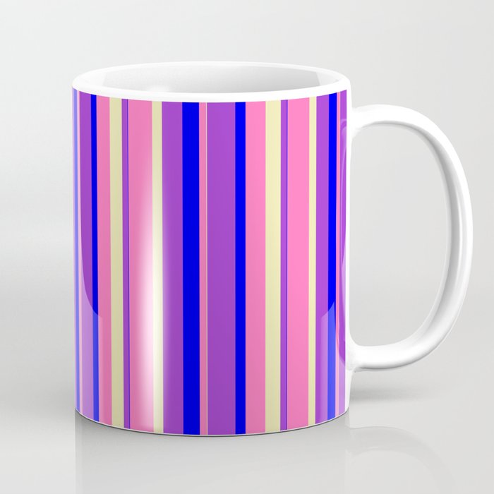 Hot Pink, Pale Goldenrod, Dark Orchid & Blue Colored Stripes Pattern Coffee Mug
