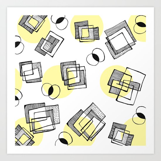 yellow circles and squares pattern Art Print
