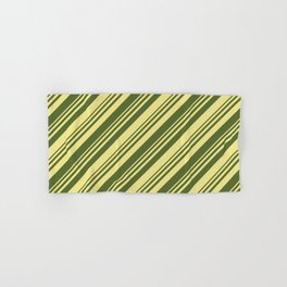 [ Thumbnail: Dark Olive Green & Tan Colored Lined/Striped Pattern Hand & Bath Towel ]