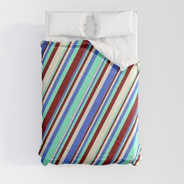 [ Thumbnail: Royal Blue, Aquamarine, Maroon & Beige Colored Striped Pattern Comforter ]