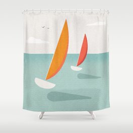 Vintage style minimalist travel poster of sleek yachts on a summer sea Shower Curtain