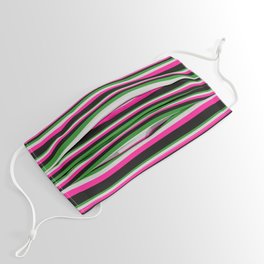 [ Thumbnail: Forest Green, Light Gray, Deep Pink, and Black Colored Stripes Pattern Face Mask ]