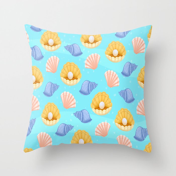 Seamless Seashells with Pearls Throw Pillow